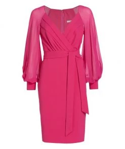 Badgley Mischka Bishop-Sleeve Belted Cocktail Dress