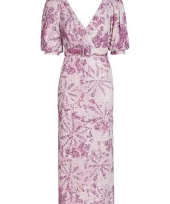 Badgley Mischka Sequined Puff-Sleeve Belted Midi-Dress