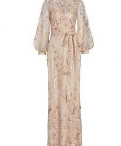 Badgley Mischka Embellished Belted Column Gown
