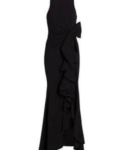 Badgley Mischka Odessa Asymmetric Sleeveless Column Ruffle-Skirt Gown