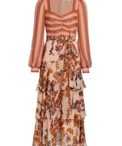 Badgley Mischka Mixed Stripe & Floral Midi-Dress