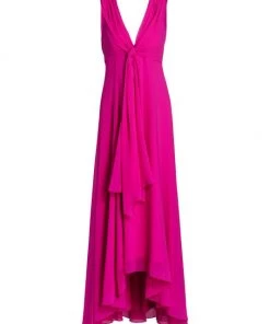 Badgley Mischka Tie-Front V-Neck Gown