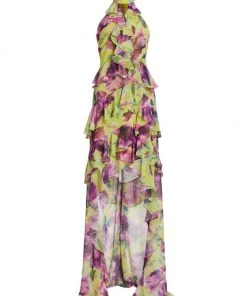 Badgley Mischka Printed Ruffle Halter Dress