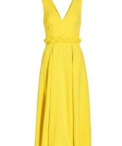Badgley Mischka V-Neck Braided Belt Midi-Dress