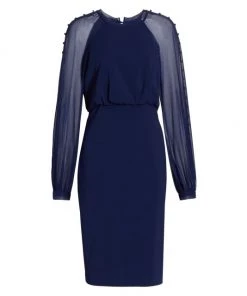 Badgley Mischka Blouson Button-Sleeve Dress