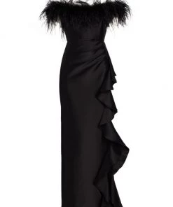 Badgley Mischka Off-The-Shoulder Feather Trimmed Asymmetrical Ruffle Gown Black