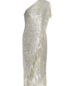 Badgley Mischka Fringed Sequin One-Shoulder Dress