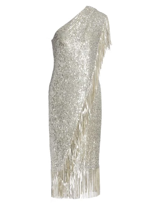 Badgley Mischka Fringed Sequin One-Shoulder Dress