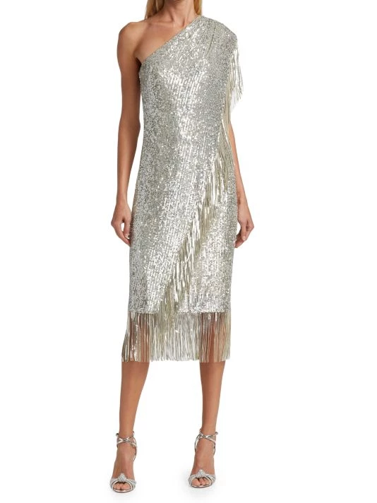 Badgley Mischka Fringed Sequin One-Shoulder Dress - Image 2