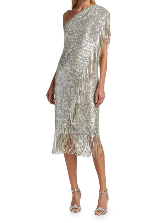 Badgley Mischka Fringed Sequin One-Shoulder Dress - Image 3