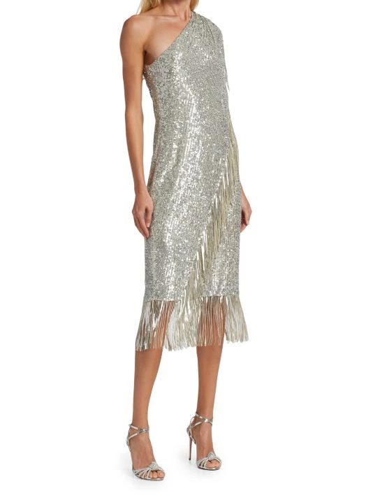 Badgley Mischka Fringed Sequin One-Shoulder Dress - Image 4