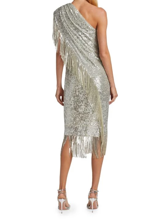 Badgley Mischka Fringed Sequin One-Shoulder Dress - Image 5