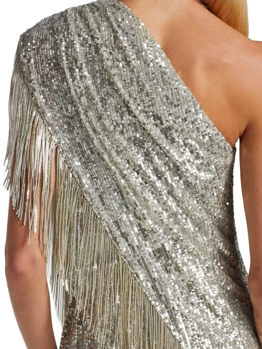 Badgley Mischka Fringed Sequin One-Shoulder Dress - Image 6