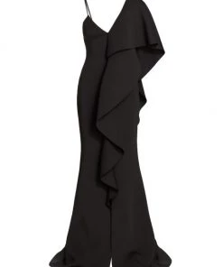 Badgley Mischka Asymmetrical Neoprene Ruffle Gown Blush