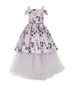 Badgley Mischka Girl's Cold-Shoulder Floral Mesh Gown For Kids