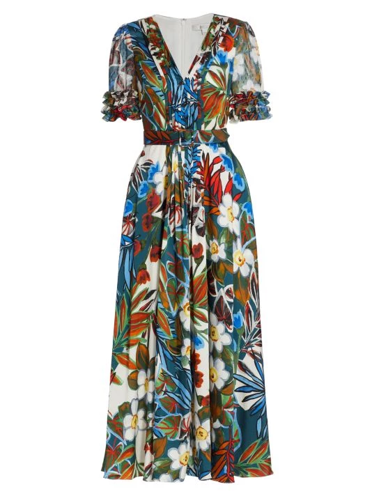 Badgley Mischka Floral Pintuck Midi Dress