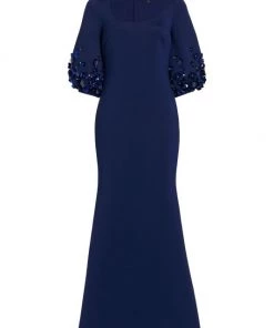 Badgley Mischka Sequin & Bead-Embellished Puff-Sleeve Gown