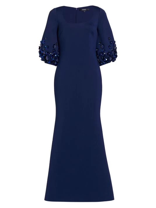 Badgley Mischka Sequin & Bead-Embellished Puff-Sleeve Gown