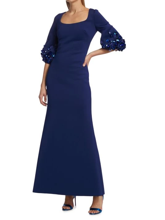 Badgley Mischka Sequin & Bead-Embellished Puff-Sleeve Gown - Image 2