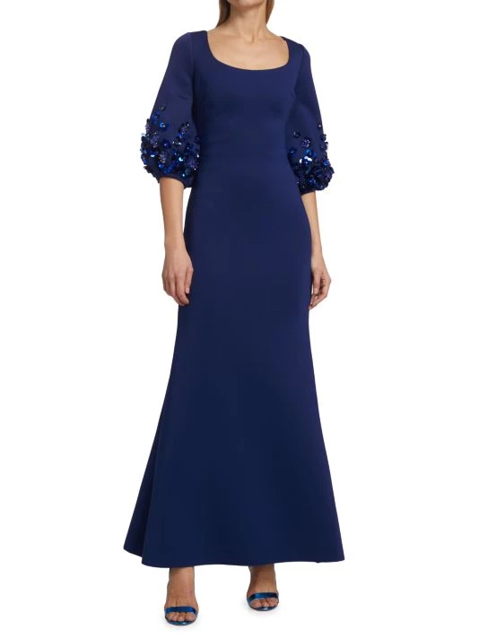Badgley Mischka Sequin & Bead-Embellished Puff-Sleeve Gown - Image 3