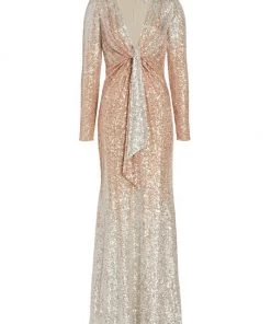 Badgley Mischka Deep V-Neck Sequined Gown