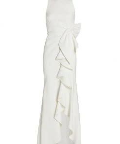 Badgley Mischka Crepe Ruffle Side Column Gown
