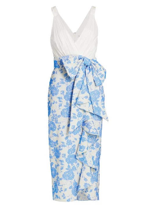 Badgley Mischka Floral Bow V-Neck Dress