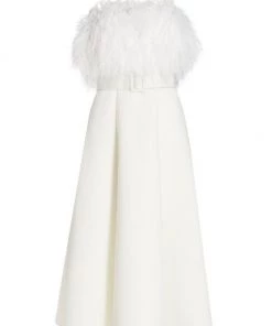 Badgley Mischka Strapless Feather Midi Dress