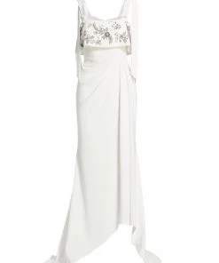 Badgley Mischka Beaded Crepe Tie-Strap Gown