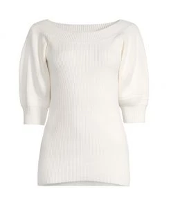 Rebecca Taylor Puff-Sleeve Cotton Sweater Full Moon