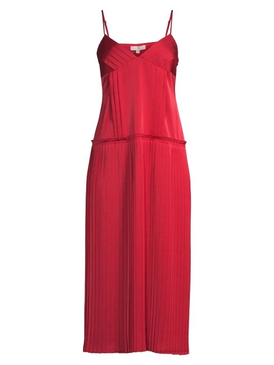 Rebecca Taylor Pleated Drop-Waist Slip Dress Chili