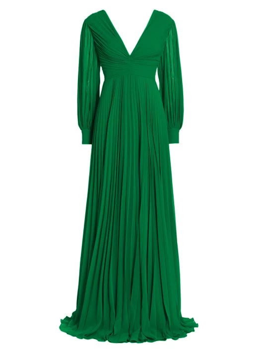 Badgley Mischka Pleated V-Neck Gown Palm Green