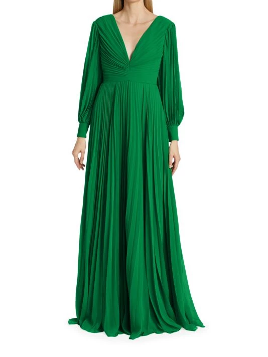 Badgley Mischka Pleated V-Neck Gown Palm Green - Image 2