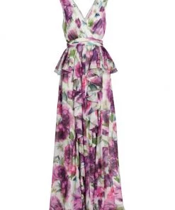 Badgley Mischka Floral Peplum V-Neck Gown