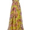 Badgley Mischka Pleated Floral Silk Organza Gown