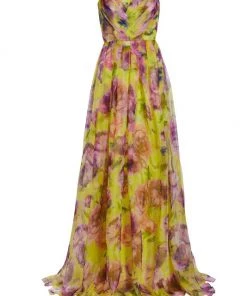 Badgley Mischka Pleated Floral Silk Organza Gown