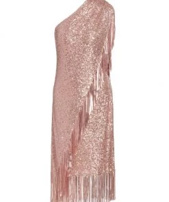 Badgley Mischka Sequin Fringe One-Shoulder Midi Dress