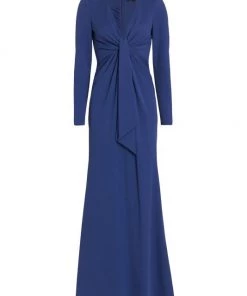 Badgley Mischka Long-Sleeve Drape Gown