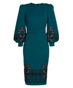Badgley Mischka Embroidered Puff-Sleeve Cocktail Dress