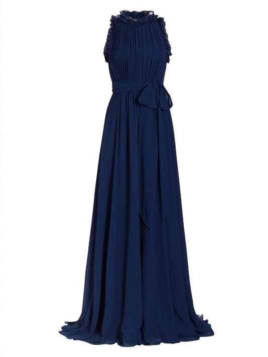 Badgley Mischka Ruffled-Trim Belted Gown