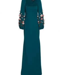 Badgley Mischka Floral Appliqué Puff-Sleeve Gown
