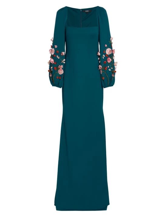 Badgley Mischka Floral Appliqué Puff-Sleeve Gown