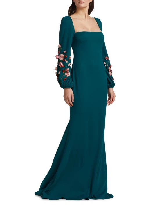 Badgley Mischka Floral Appliqué Puff-Sleeve Gown - Image 2