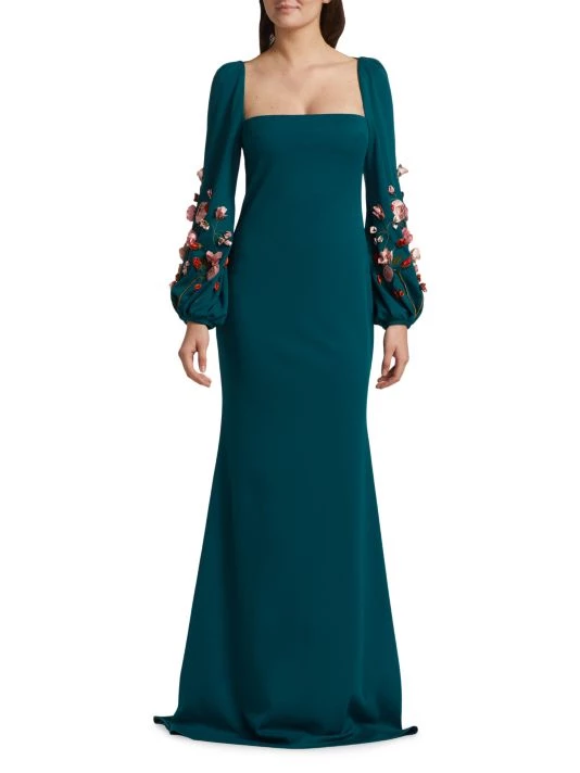 Badgley Mischka Floral Appliqué Puff-Sleeve Gown - Image 3