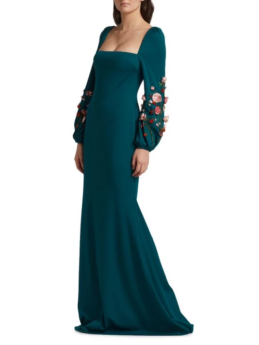 Badgley Mischka Floral Appliqué Puff-Sleeve Gown - Image 4
