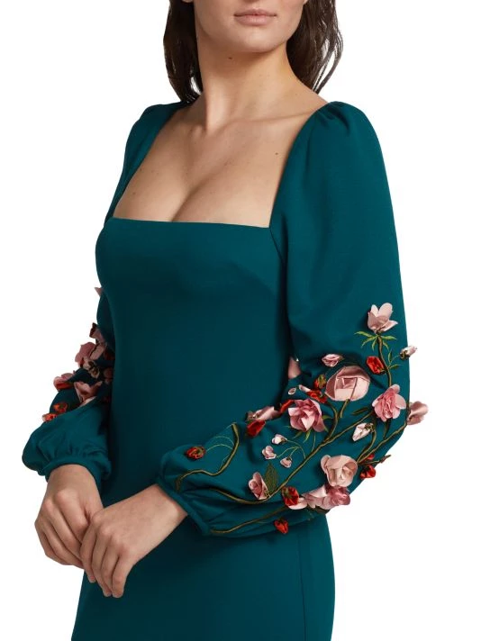 Badgley Mischka Floral Appliqué Puff-Sleeve Gown - Image 6