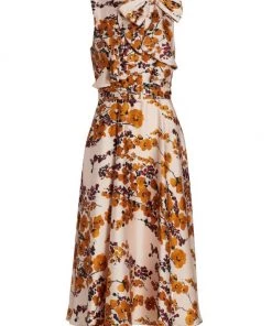 Badgley Mischka Sleeveless Belted Bow-Embellished Midi-Dress